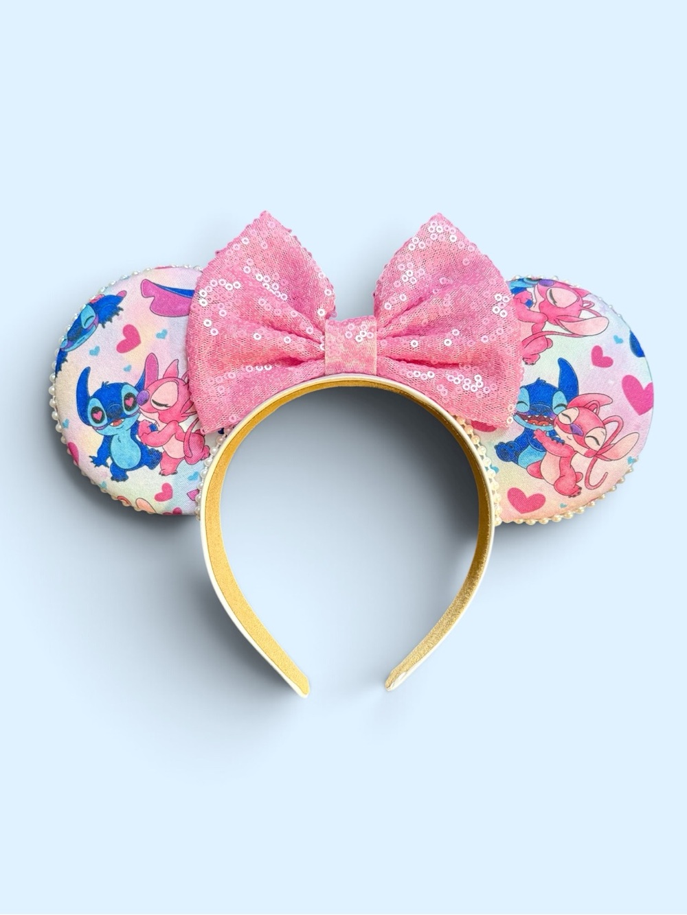 Disney Inspired HANDMADE Stitch & Angel Pink & Blue Sequin Bow - NWOT